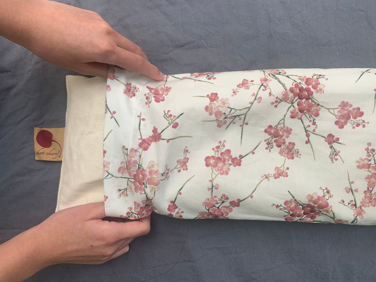 Hot Cherry Cervical/Rectangle Neck Pillow in Unbleached, Pre-washed, Natural Denim, with Cherry Blossom Pillowcase - Trending Wellness Store
