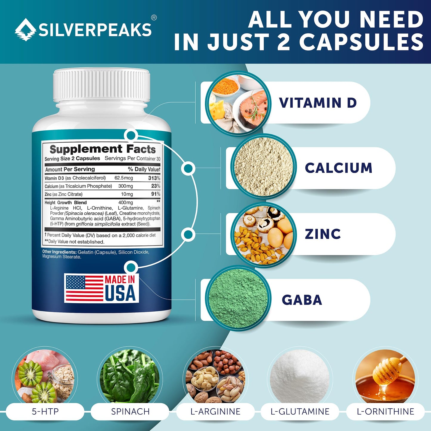 SILVERPEAKS Growth Capsules to Grow Taller - Height Growth Maximizer with Calcium for Bone Strength - Made in USA - Natural Get Taller Supplement - Free of Growth Hormone - Trending Wellness Store