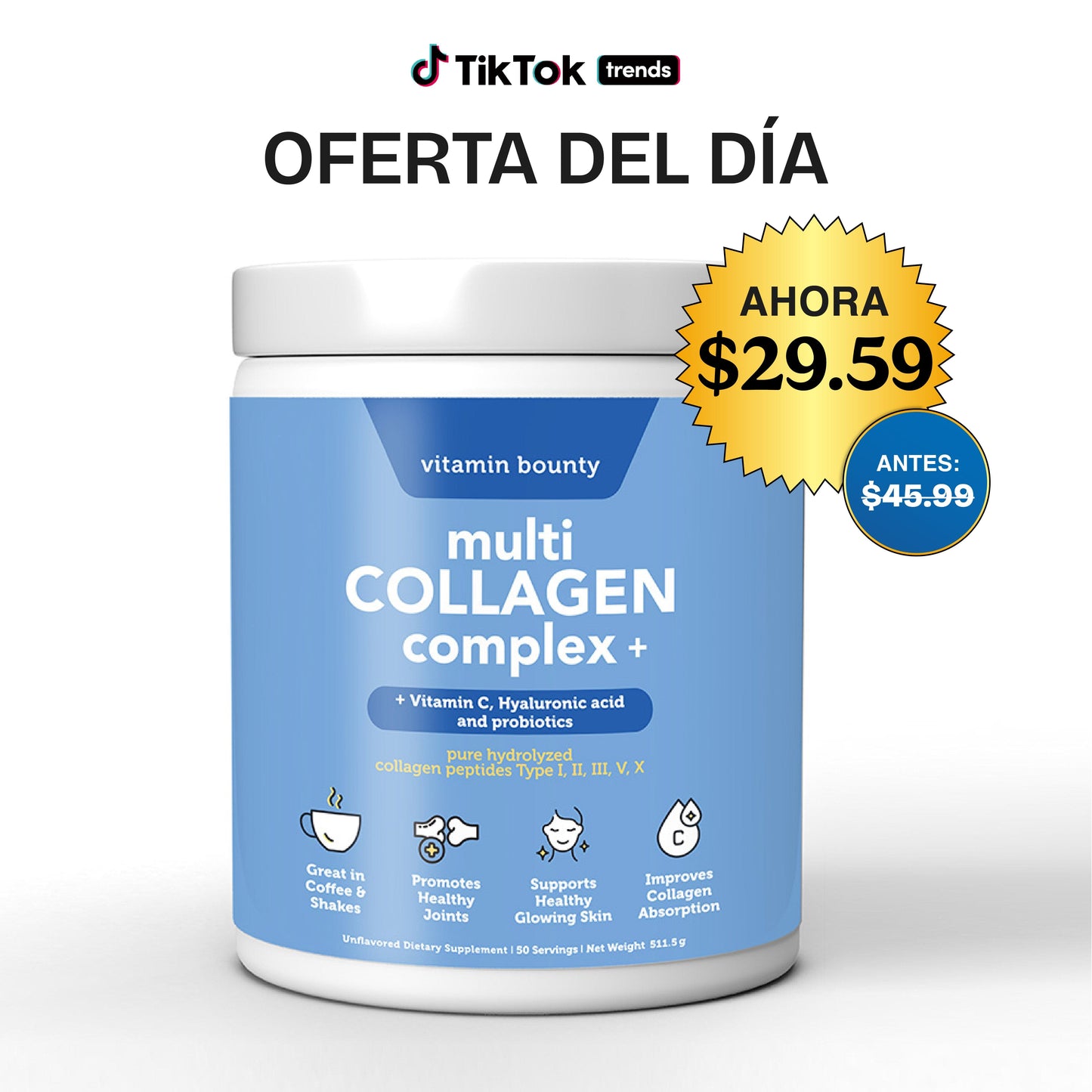 Colageno Hidrolizado 5 en 1 con Ácido Hialurónico, Vitamina C y Probióticos - Trending Wellness Store