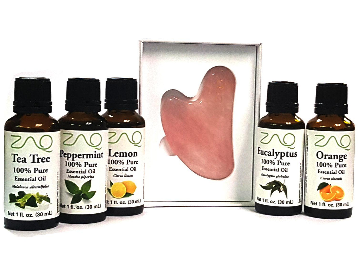 6PC SET - ROSE QUARTZ GUA SHA BOARD + 100 % Pure Essential Oils EUCALYPTUS, ORANGE, TEA TREE, PEPPERMINT, LEMON - Trending Wellness Store
