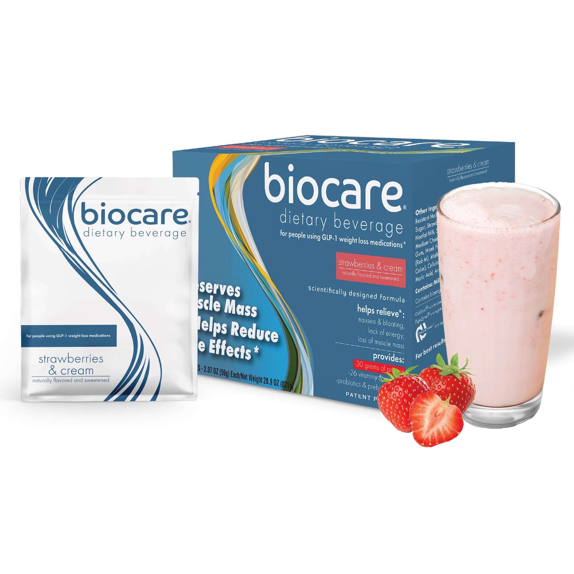 30G Protein Strawberries & Cream Biocare Dietary Beverage (14-Count) - Trending Wellness Store