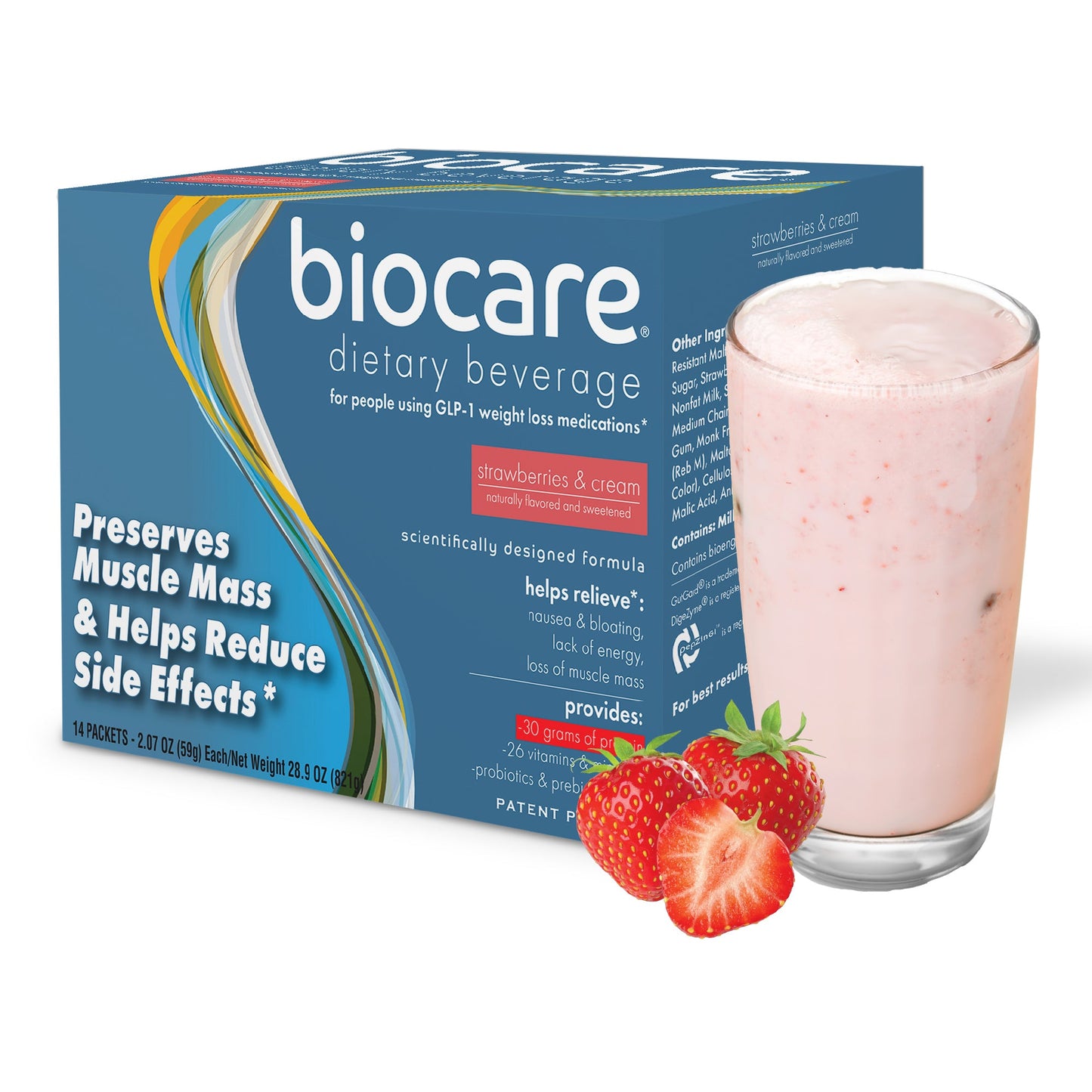 30G Protein Strawberries & Cream Biocare Dietary Beverage (14-Count) - Trending Wellness Store