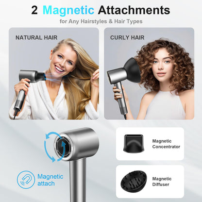 Guowo Hair Dryer, 160000 RPM Professional High Speed Ionic Blow Dryer for Fast Drying, 5 Temps/3 Speeds Lightweight Hairdryer with Magnetic Diffuser for Curly Hair for Home Travel Salon, Silver - Trending Wellness Store