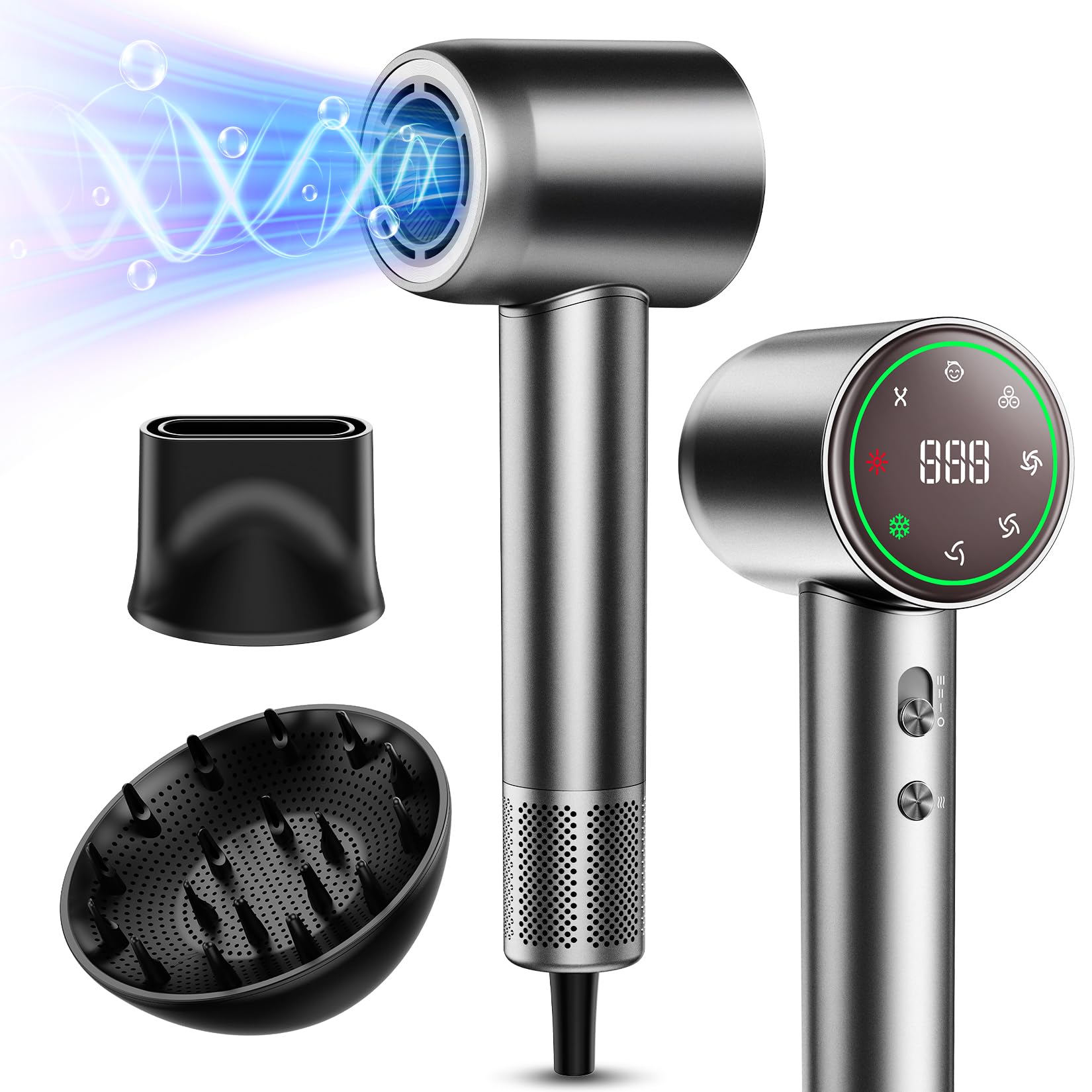 Guowo Hair Dryer, 160000 RPM Professional High Speed Ionic Blow Dryer for Fast Drying, 5 Temps/3 Speeds Lightweight Hairdryer with Magnetic Diffuser for Curly Hair for Home Travel Salon, Silver - Trending Wellness Store