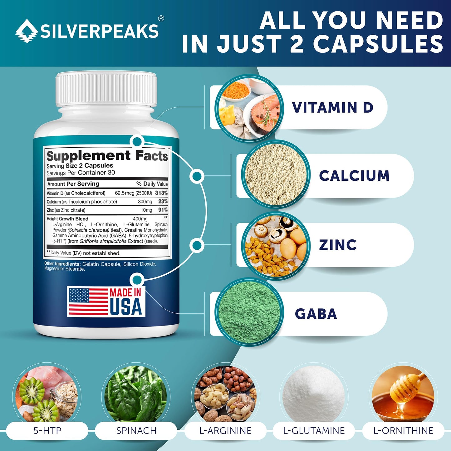 SILVERPEAKS Growth Capsules to Grow Taller - Height Growth Maximizer with Calcium for Bone Strength - Made in USA - Natural Get Taller Supplement - Free of Growth Hormone - Trending Wellness Store