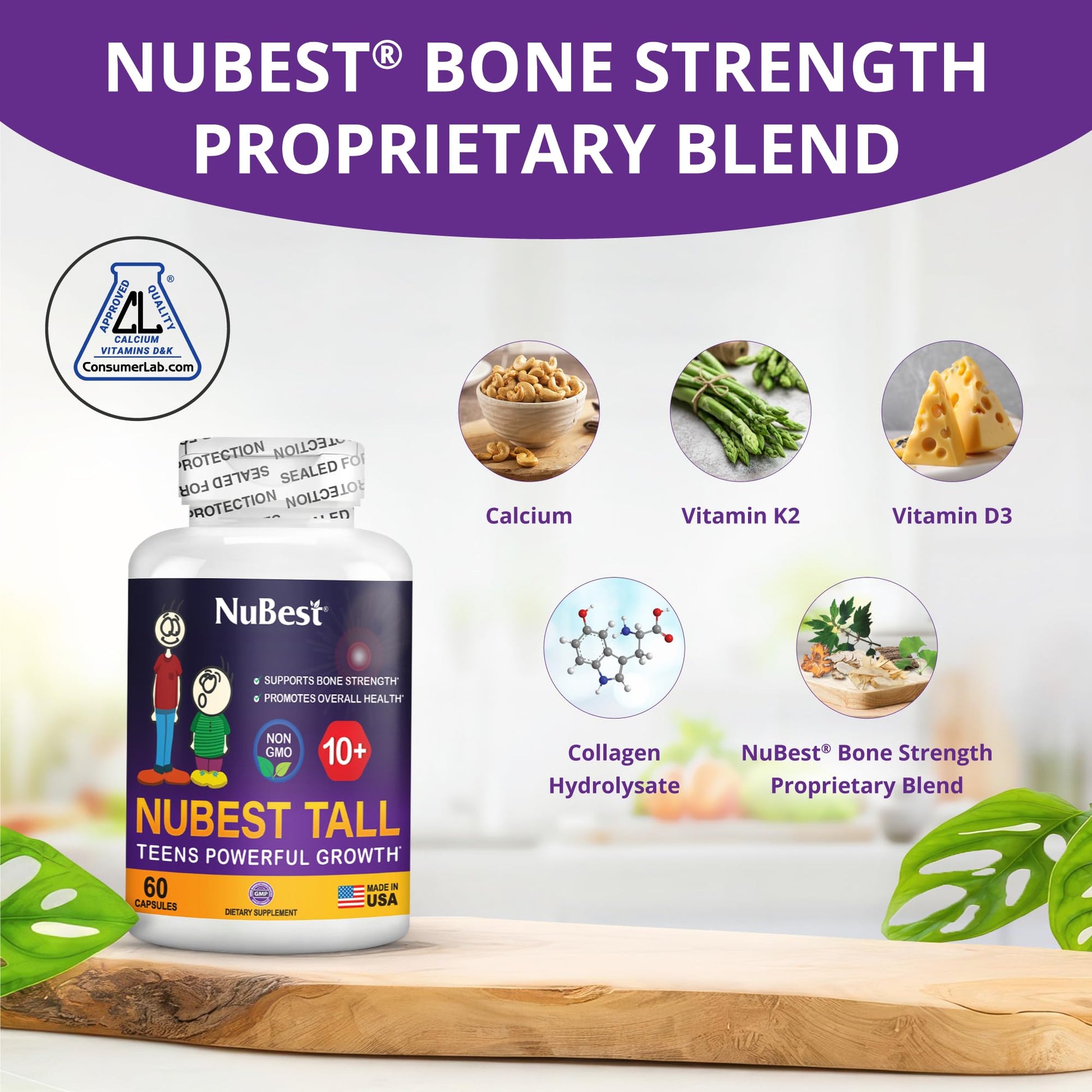 NuBest Tall 10+ Premium Bone Strength Formula, Enhanced Immunity and Overall Health for Age 10+ - Who Drink Milk Daily with Calcium, Vitamin D3, Vitamin K2, and Multivitamins - 60 Capsules - Trending Wellness Store