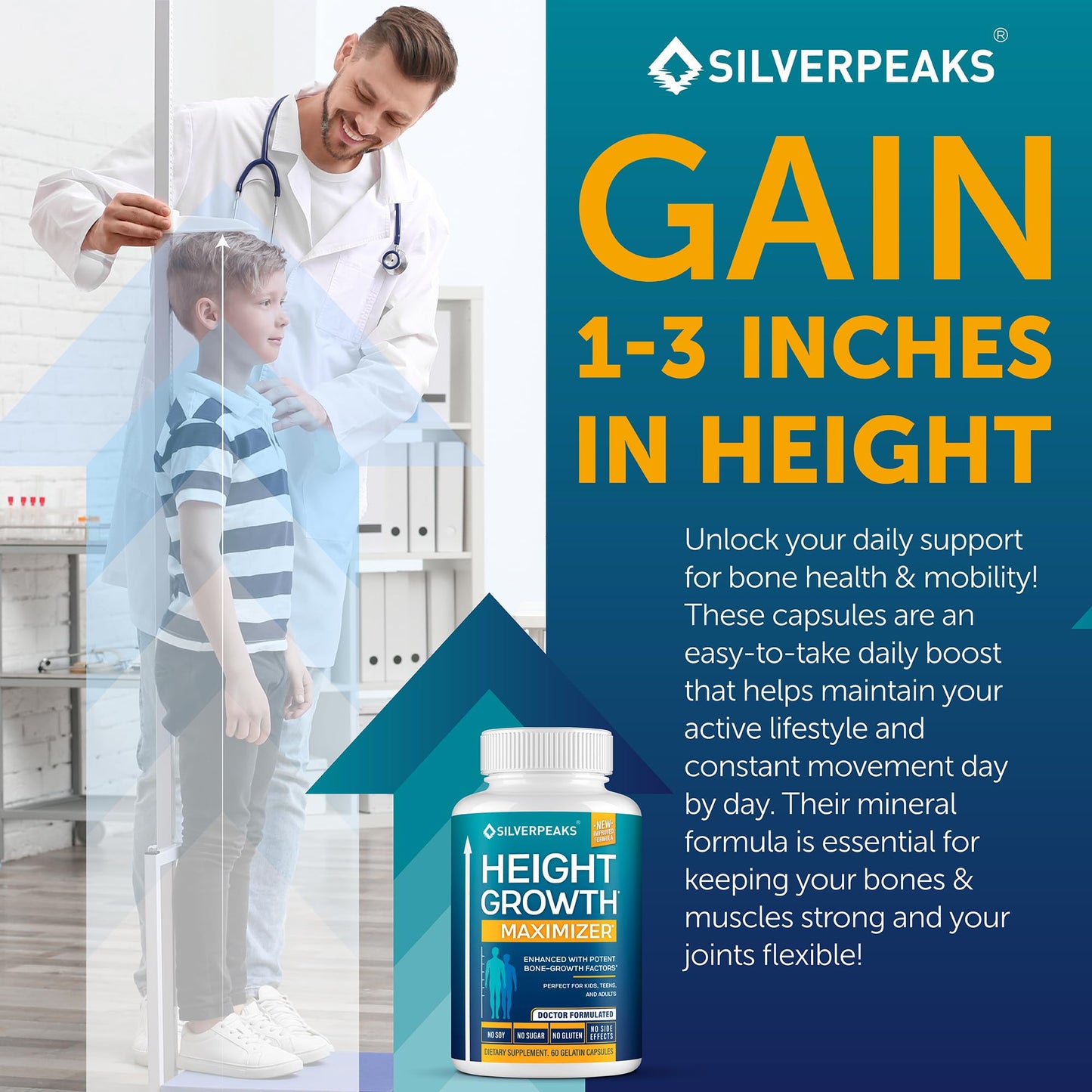 SILVERPEAKS Growth Capsules to Grow Taller - Height Growth Maximizer with Calcium for Bone Strength - Made in USA - Natural Get Taller Supplement - Free of Growth Hormone - Trending Wellness Store