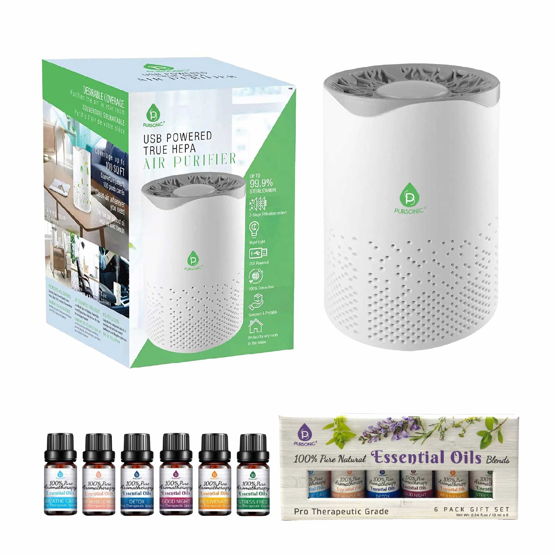 Pursonic Air Purifier with 6-Pack Premium Essential Oils Collection - Trending Wellness Store