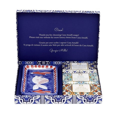 Casa Amalfi Blue Maiolica Gift Box: 3 Soaps + Ceramic Soap Dish - Trending Wellness Store