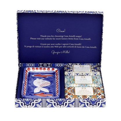 Casa Amalfi Blue Maiolica Gift Box: 3 Soaps + Ceramic Soap Dish - Trending Wellness Store