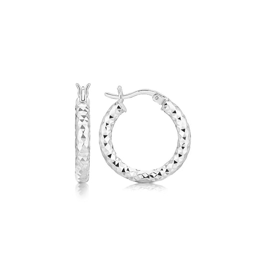 Sterling Silver Polished Rhodium Plated Faceted Hoop Style Earrings(3x15mm) - Trending Wellness Store