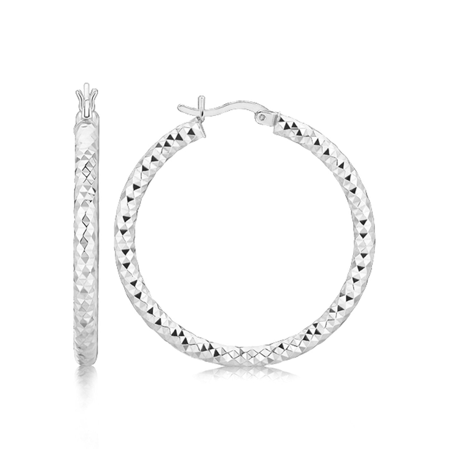 Sterling Silver Faceted Motif Large Hoop Earrings with Rhodium Plating - Trending Wellness Store