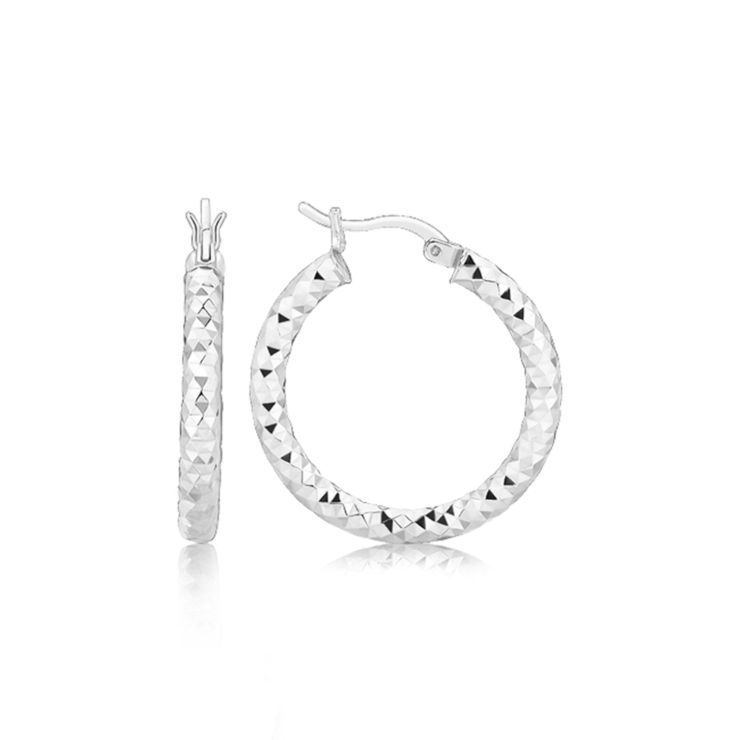 Sterling Silver Faceted Style Hoop Earrings with Rhodium Finishing(3x20mm) - Trending Wellness Store
