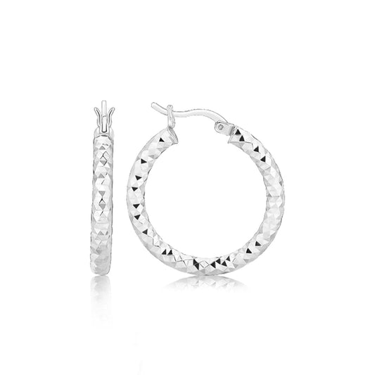 Sterling Silver Faceted Style Hoop Earrings with Rhodium Finishing(3x20mm) - Trending Wellness Store