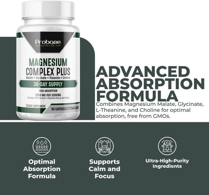 Magnesium Complex Plus with Magnesium Malate, Glycinate, L-Theanine, and Choline High Absorption Formula 60 Capsules 30-Day Supply - Trending Wellness Store