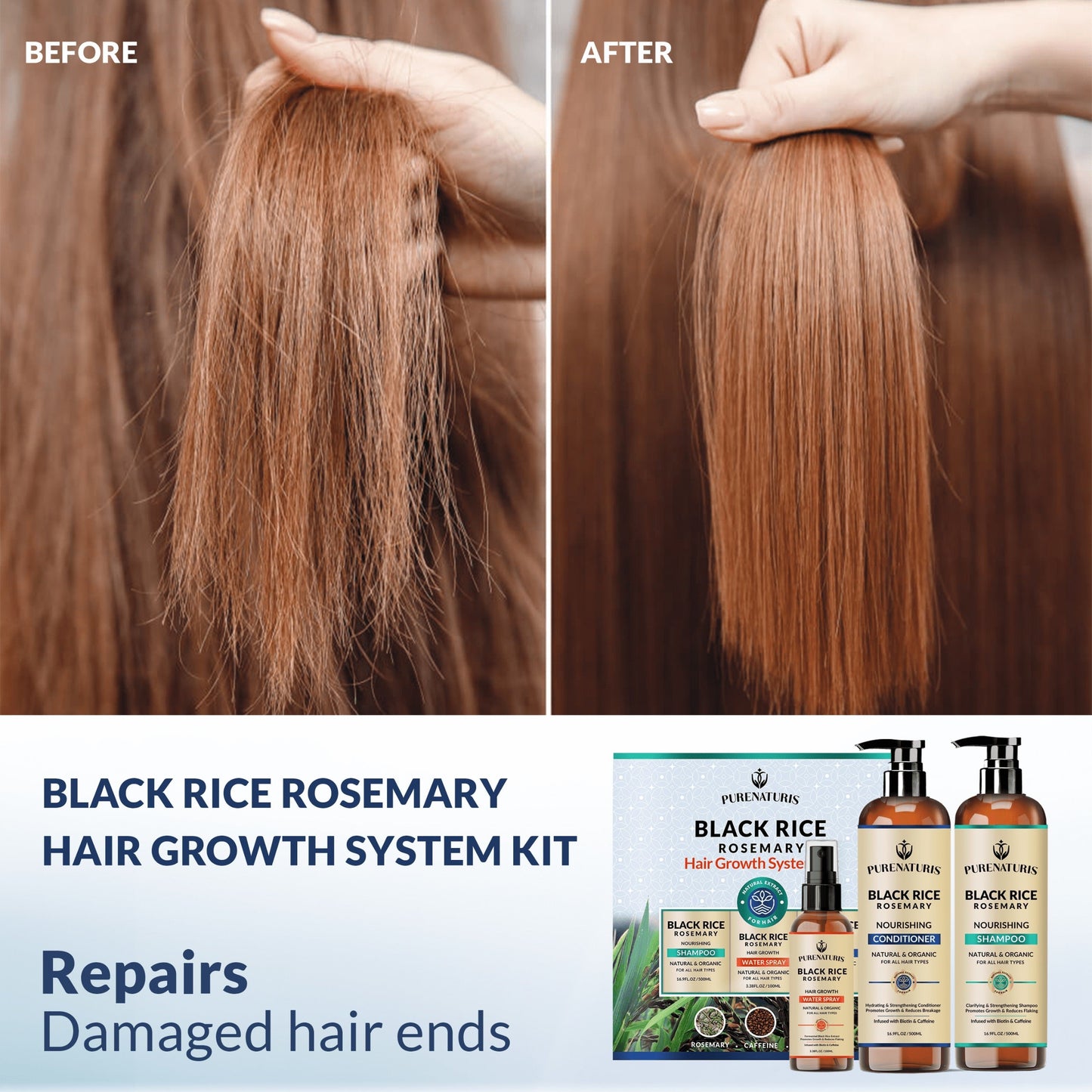 Rosemary Black Rice Water Hair Growth System Kit - Shampoo, Conditioner and Leave-in Serum - Trending Wellness Store