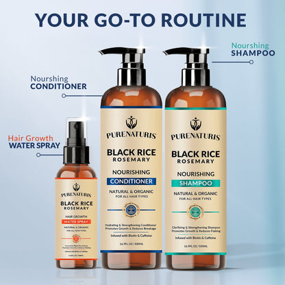 Rosemary Black Rice Water Hair Growth System Kit - Shampoo, Conditioner and Leave-in Serum - Trending Wellness Store