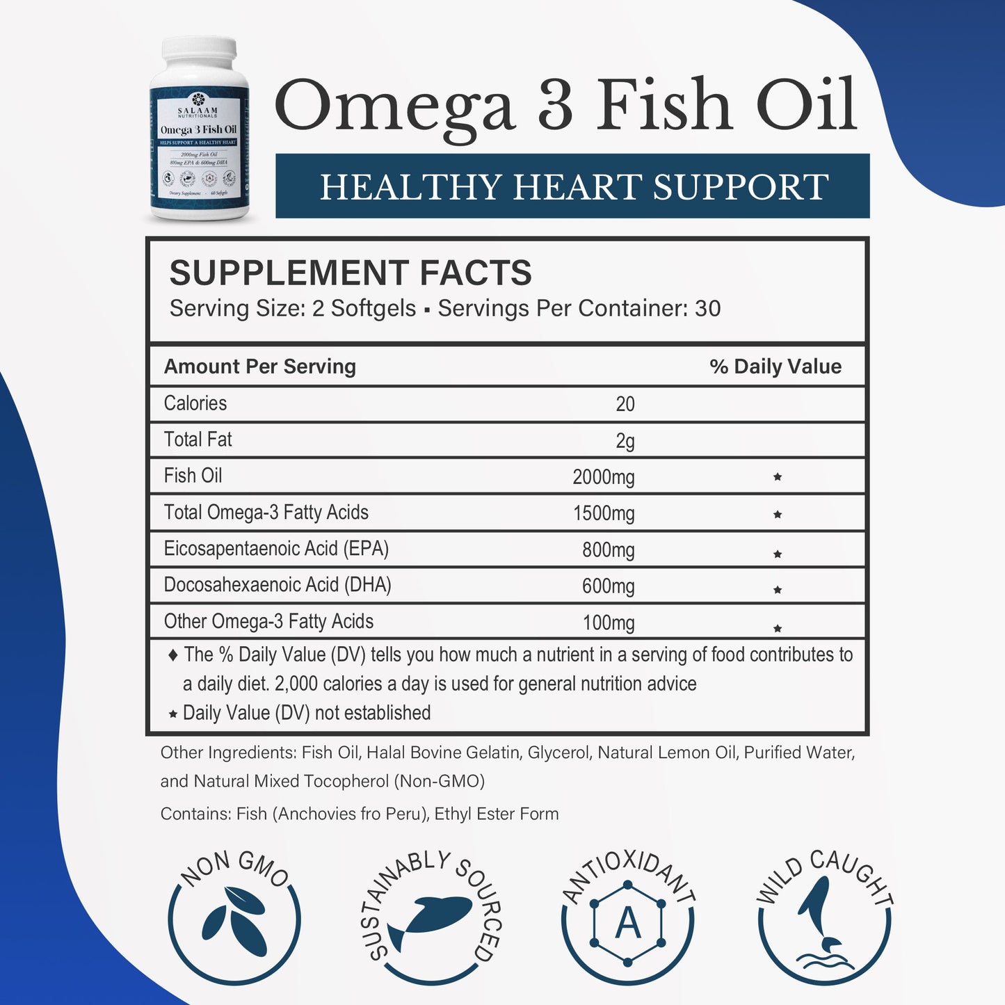 Halal Fish Oil 2000mg Omega-3 Soft Gels with EPA & DHA - 60 Count | Salaam Nutritionals - Trending Wellness Store