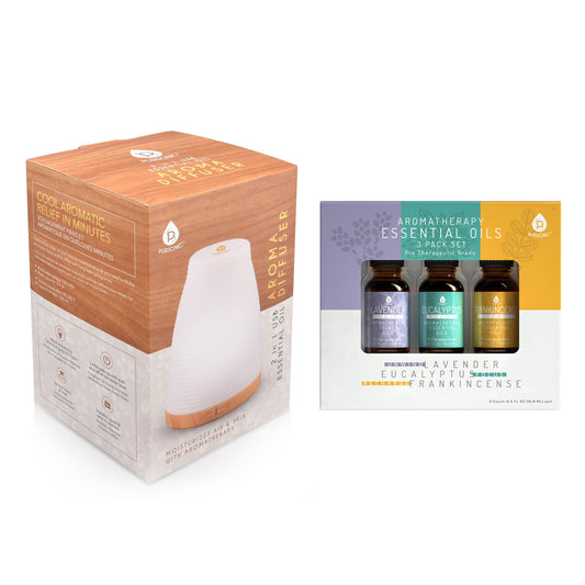 Pursonic Aromatherapy 2 in 1 USB Diffuser & Essential Oil Set-Ultrasonic Top 3 Oils-300ml with 2 Mist Settings 7 Ambient Light Settings - Trending Wellness Store