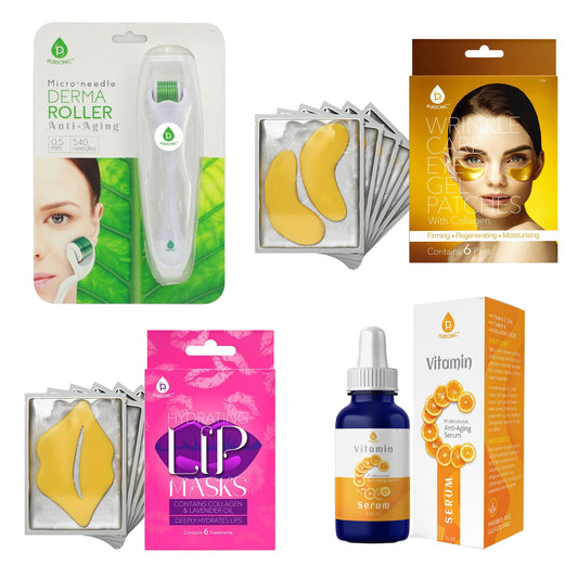 Ultimate Skincare Bundle: Vitamin C Serum (3 fl. oz), Wrinkle Care Eye Gel Patches, Hydrating Lip Masks (Pack of 6), and Micro Needle Derma Roller 0.5 mm - Trending Wellness Store
