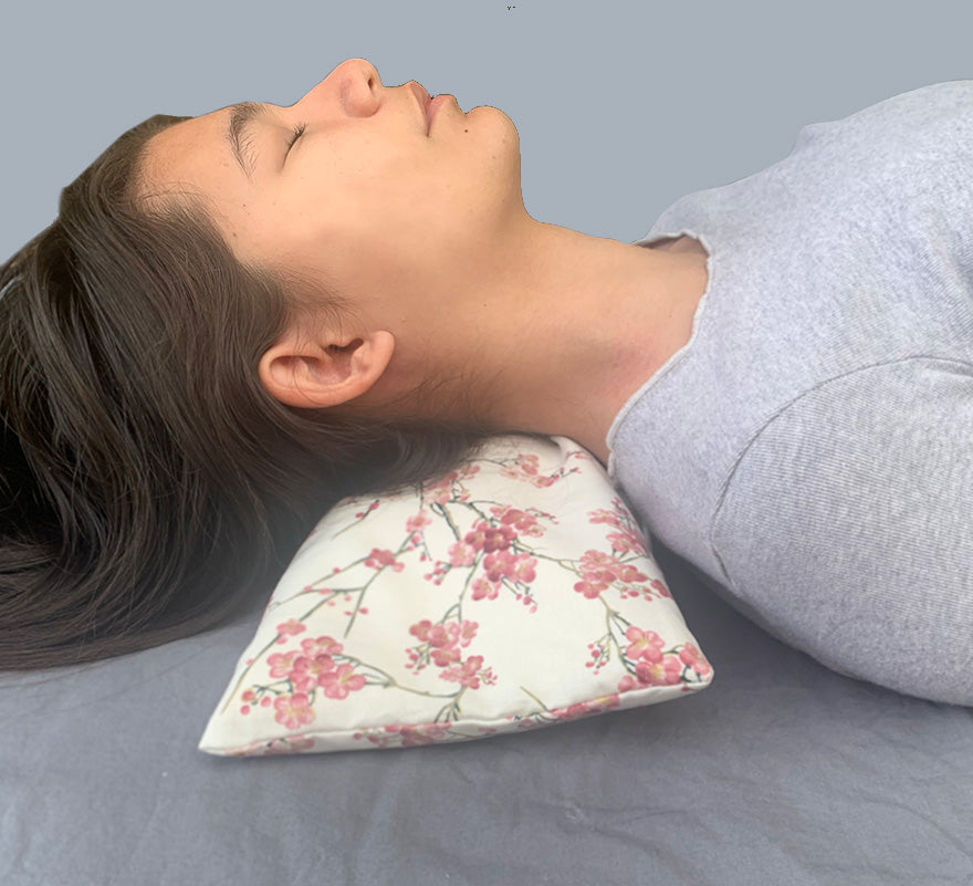 Hot Cherry Cervical/Rectangle Neck Pillow in Unbleached, Pre-washed, Natural Denim, with Cherry Blossom Pillowcase - Trending Wellness Store
