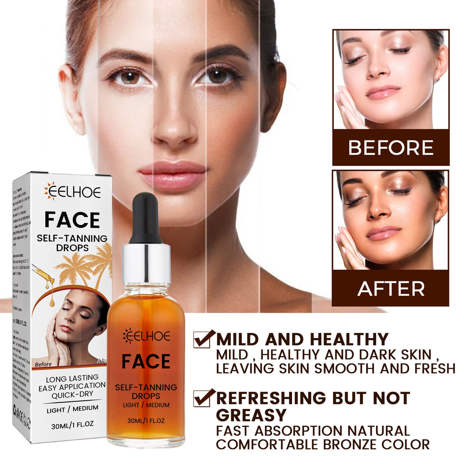 EELHOE Facial Tanning Essence For Achieving A Natural And Stylish Wheat Color Or Bronzed Skin Tone, Providing Hydration And Enhancing The Beauty Of The Skin Without The Need For Sunbathing - Trending Wellness Store
