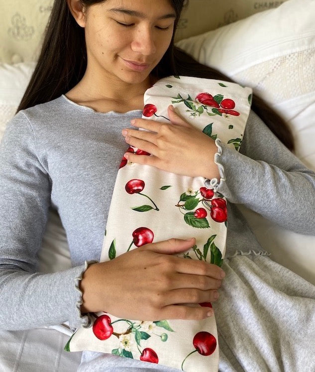 Hot Cherry Rectangular/Cervical Neck Pillow in Unbleached, Pre-washed, Natura Denim with Cherry Print Pillowcase - Trending Wellness Store