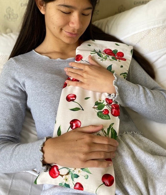 Hot Cherry Rectangular/Cervical Neck Pillow in Unbleached, Pre-washed, Natura Denim with Cherry Print Pillowcase - Trending Wellness Store